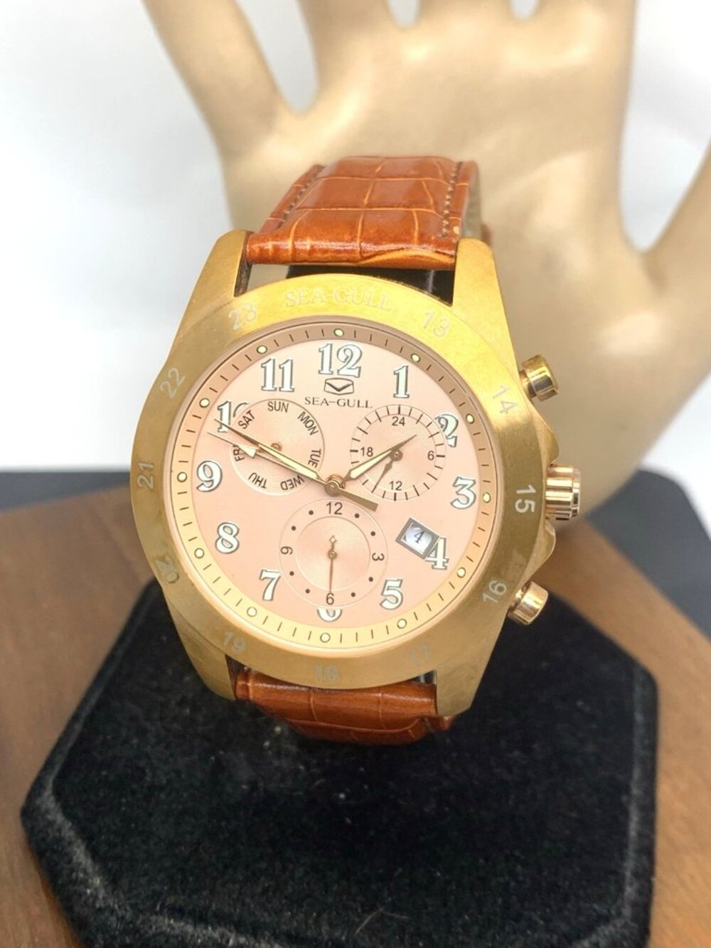 Seagull Men's Watch Automatic Day Date Rose Gold Brown Leather Strap 43mm